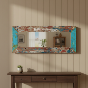 Miroir artisanal en bois de bateau recyclé, couleur naturelle, pour décoration murale et intérieure, salon ou chambre, vente en gros - Product Image 4