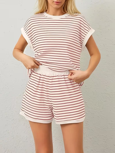 Women's Casual Fashion Loungewear Two-Piece Set Striped Color Block Jersey Soft T-Shirt Matching Elastic Waist Pocket Shorts - Product Image 5