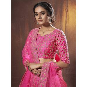 Lehenga Choli de Seda Bordado Rosa Dori para Boda con Dupatta - Product Image 5