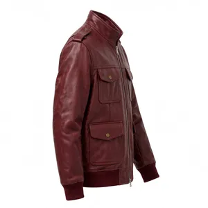 Chaqueta bomber de cuero burdeos para hombre con cuello alto, cierre de cremallera, 4 bolsillos y puños acanalados estilo motero - Product Image 3