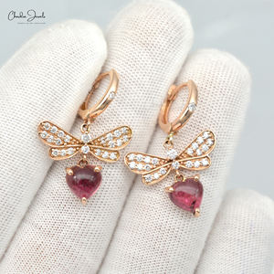 Pendientes colgantes de oro rosa macizo de 14 quilates con turmalina rosa genuina de 6,5 mm y pendientes de aro con cierre de bisagra de diamante blanco con claridad SI - Product Image 3