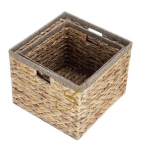 Set of 2 Square Water Hyacinth <b>Storage</b> <b>Baskets</b> with Grey <b>Rope</b> Border - Product Image 1
