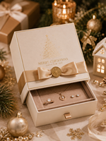 Boîte cadeau de Noël personnalisée pour bijoux, avec tiroir, insert en velours, ruban, nœud, gaufrage et fermeture magnétique, pour ensemble bague, collier et boucles d'oreilles