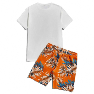 Conjunto de Camiseta Casual de Verano para Hombre con Pantalones Cortos con Estampado Tropical Naranja, Cuello Redondo, 100% Algodón, Tejido Transpirable - Product Image 1