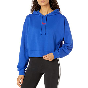 Women Blue <b>Cropped</b> Hoodie <b>Long</b> <b>Sleeve</b> Casual Sweatshirt Solid Color Knitted Cotton Hooded Top Autumn Streetwear - Product Image 2