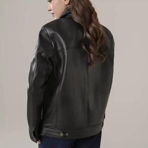 Anna Womens Black Genuine Leather Breathable <b>Jacket</b> <b>with</b> Shirt Style Collar-Winter Ready - Leather <b>Jacket</b> Black - Product Image 2