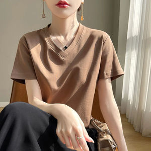 Camiseta de algodón de manga corta con cuello en V para mujer, de color liso, ajuste holgado, informal, top de verano, tejido transpirable - Product Image 6