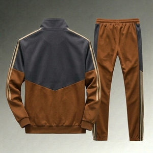 Custom Logo Men Sportswear Set Brown and Grey Color Block Training Suit Breathable Cotton Fleece Jogger Set Wholesale - Product Image 2