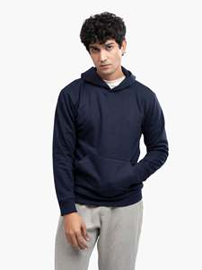 Custom OEM Men's <b>Navy</b> Blue Hooded <b>Sweatshirt</b> Casual Pullover Long Sleeve Hoodie With Front Pocket Solid Color Regular Fit - Product Image 6
