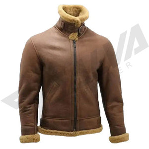 Veste en cuir véritable marron pour homme, col rabattu, fermeture éclair, doublure en sherpa, style hiver, SALVA LEATHER, durable, OEM - Product Image 5