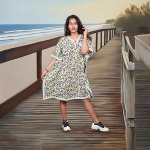 Nouvelle Arrivée : Kaftans Courts de Créateur Arabe Longueur Genou pour Femme, Robe de Plage et de Vacances en Coton Imprimé Floral à Taille Naturelle - Product Image 3