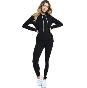 Conjunto Deportivo Negro con Capucha para Mujer, Diseño Sólido de Manga Larga, Sudadera y Pantalones de Corte Casual con Bolsillos Laterales - Product Image 1