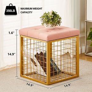Pouf Contenitore in Rete di Ferro da 55L, Poggiapiedi in Ecopelle Dorata con Spazio Multiuso per Camera da Letto e Soggiorno - Product Image 1