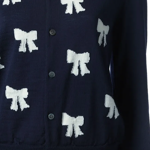 Navy & <b>White</b> Contrast Bow Wool/Cashmere Knit Cardigan Elegant V-neck Button Front Long Sleeve Thick Winter Layering Essential - Product Image 3
