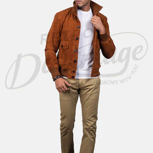 Chaqueta de aviador de cuero de gamuza marrón coñac premium para hombre - Bomber de piel de cabra auténtica con ribete acanalado y bolsillos tipo cargo - Product Image 5