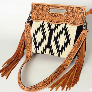 Western Tooled Leather Crossbody Bag Handmade Fringe Shoulder Purse Southwestern Tribal Woven <b>Handbag</b> Women Boho Travel Eco - Product Image 1