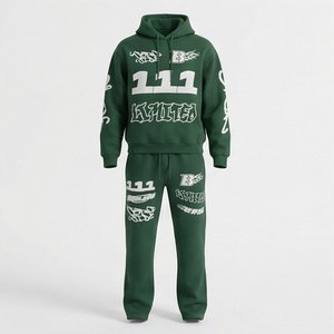 Ensemble de survêtement vert pour homme à capuche, longueur intégrale, en coton, style streetwear, avec imprimé 111 et logo, pour l'automne - Product Image 1