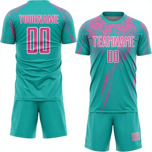เสื้อฟุตบอลพิมพ์ลายตามสั่ง แบบซับลิเมชั่น สำหรับผู้ใหญ่ ทุกเพศ สีเขียวอมฟ้าชมพู พร้อมชื่อทีมและหมายเลข ระบายอากาศได้ดี ผ้าตาข่ายด้านหน้า แขนสั้น - Product Image 3