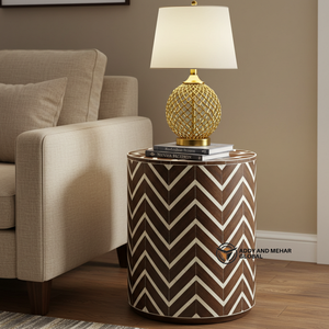 Mesa de Noche Moderna de Lujo con Incrustaciones de Hueso y Patrón Chevron Ecológico, Mesa de Tambor de Madera Hecha a Mano para Decoración de Sala de Estar - Product Image 6