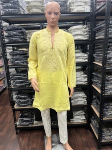 Ensemble Kurta Pajama brodé jaune pour homme, coupe classique, vêtements décontractés traditionnels indiens et pakistanais - Product Image 4