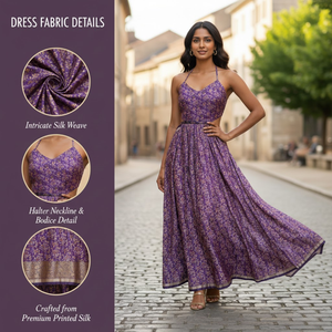 Robe longue de luxe en soie améthyste violette - Robe de soirée artisanale à imprimé doré pour invitée de mariage - Product Image 2