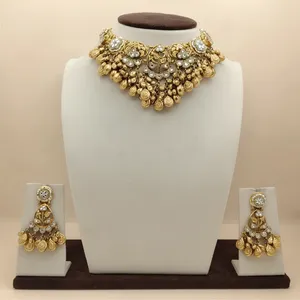 Traditional Gold Bridal Necklace Set with Temple Design Coin Dangling <b>Choker</b> and Matching Jhumka Earrings - Product Image 3