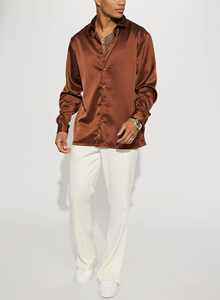 Wholesale Chocolate Men Long Sleeve <b>Satin</b> Shirt Custom Big Tall <b>Blouse</b> Support Custom Many Colors 100% Polyester Button up Shirt - Product Image 5