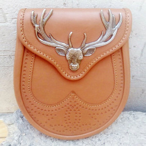 Tan Color Vegan Faux Leather Sporran Stag Emblem <b>Chain</b> <b>Belt</b> Strap for Traditional Highland Scottish Outfit - Product Image 1
