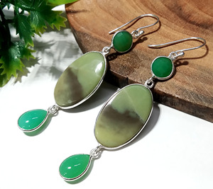 Natural Chrysoprase & Serpentine 925 Sterling Silver Bohemian Style Handmade Drop <b>Earrings</b> with Multi-Gemstone Design - Product Image 6