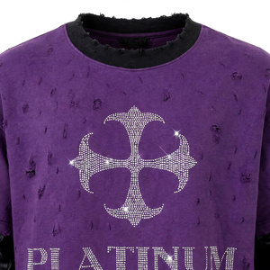 Wholesale Custom Deep Purple Distressed Rhinestone Graphic Cross Double Layer Sleeve Streetwear Leather Sleeves Heavyweight - Product Image 4