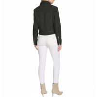 Veste de moto courte en cuir véritable noir jet pour femme Leathertex, taille XS, saison hiver, doublure en nylon et daim de mouton