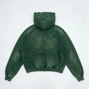 Oversized Unisex Hoodie Regular 100% Cotton French Terry Washed Distressed Solid <b>Green</b> Pocket Design Spring Style Breathable - Product Image 2