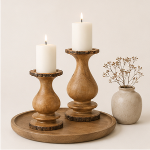 Handcrafted Rustic Mango Wood Pillar Candle Holder Set With Natural Bark Edge Vintage Farmhouse Table Centerpiece For Home Decor - Product Image 2