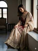 Ensemble Sharara en soie GMY brodé de luxe 3 mm avec travail de rivets et de perles – Collection mariage