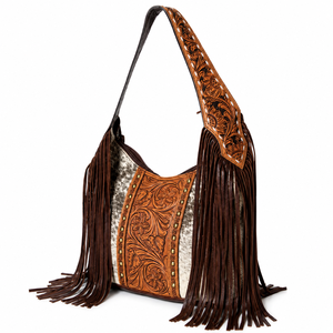 Handcrafted Hair On Cowhide Leather Western Fringe Hobo Shoulder Bag Tooled Leather Cowgirl <b>Purse</b> Vintage Everyday Handbag women - Product Image 1