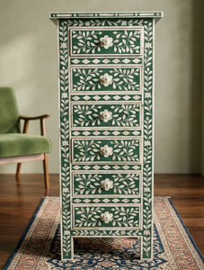 Commode en bois avec incrustations d'os de couleur turquoise, style bohème, meuble artisanal pour chambre à coucher, usage intérieur, tiroir haut avec incrustations d'os - Product Image 3