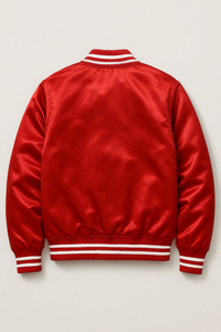 Chaqueta Varsity Roja de Satén con Logotipo Personalizado, Chaqueta Bomber Casual para Hombre con Cierre de Botones y Estampado Frontal, Ropa de Otoño - Product Image 2