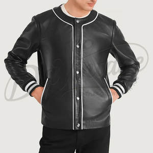 เสื้อแจ็คเก็ตบอมเบอร์หนังแท้สีดำสำหรับผู้ชาย แบบไม่มีปก แต่งขอบสีขาวและปลายแขนเสื้อแบบริบแถบลาย - Product Image 3