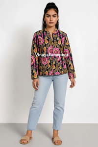 Veste Kantha vintage indienne en coton matelassé tricoté à imprimé floqué pour l'hiver - Product Image 5