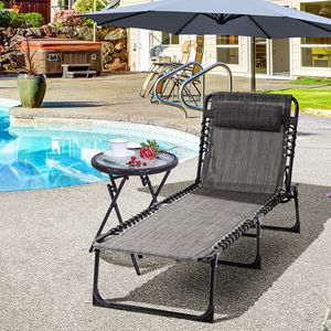 Chaise longue pliable grise avec dossier réglable sur 5 niveaux, poche latérale, maille respirante, pour piscine et jardin, en fer - Product Image 2