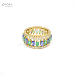 Bague en Tanzanite Naturelle et Émeraude Multicolore, Or Jaune Fin 14K, Pavé de Diamants, Couronne, Bague de Cocktail Détachable de Luxe - Product Image 1