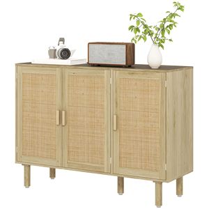 Buffet bohème fait main de 46,9 pouces avec 3 portes en rotin et étagères pour salle à manger ou couloir de villa, aspect naturel - Product Image 1