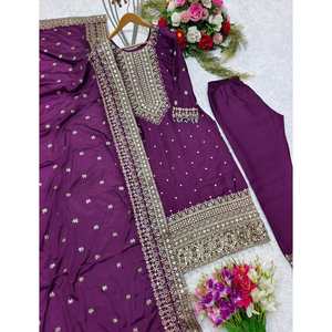 ชุดเสื้อและกางเกงปักลายแฟนซีผ้าชีนอน พร้อมผ้าคลุมไหล่ สีไวน์ - Product Image 3