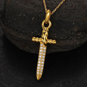 Collar con colgante religioso en forma de espada con cristales de imitación, aleación chapada en oro y plata, joyería de regalo unisex - Product Image 3