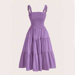 Women's Smocked Ruffle Strap Tiered Midi <b>Dress</b> Square Neck <b>Elastic</b> Waist Sundress Summer Casual A-Line <b>Dress</b> - Product Image 1