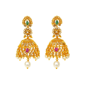 18K Gold Plated Brass <b>Hook</b> Hoop <b>Earrings</b>-Ethnic Vintage Pota Stone and Pearl Jhumki - Product Image 2
