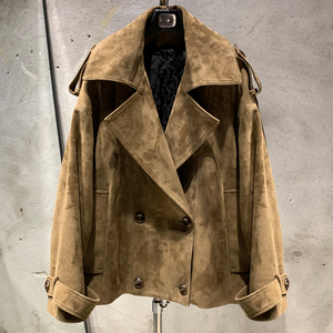 Women's Olive Green Cow Suede Safari Jacket <b>Double</b> Breasted Turn-down Collar <b>Quilted</b> Lining Autumn Style - Product Image 2