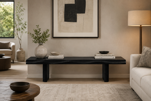 Table basse en bois minimaliste, faite à la main, mobilier moderne pour salon, finition noire, design en bois massif - Product Image 2