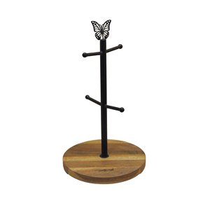 Support à tasses moderne en métal avec décoration en forme de chauve-souris, base ronde en bois, support sur pied pour rangement dans le salon, porte-tasses à café en bois - Product Image 4