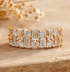 Bague de mariage double rangée en or massif 10K 14K 18K certifiée IGI, diamants de laboratoire taille baguette et ronds, couleur DEF, clarté VS VVS - Product Image 1